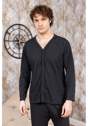 Erkek Boydan Düğmeli Yüksel Kalite Pamuk Pijama Takımı 16511 Antrasit