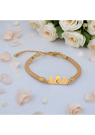 Archin C Harfine Özel 14 Ayar Altın Plakalı Hasır Kordonlu Taç Motifli Hediye Bileklik-461harf C