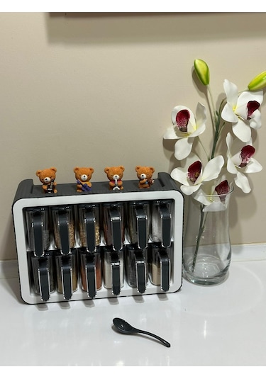 Standlı 12li Kendinden Yapışkanlı Kaşıklı Kapaklı Baharatlık Takı Şeffaf