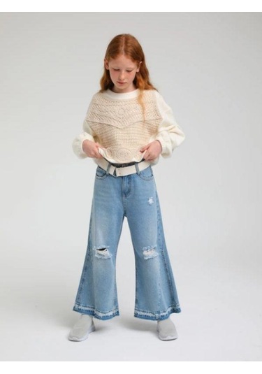 Kız Çocuk Motif İşleme Detaylı Kısa Bluz-13626-ekru Ekru