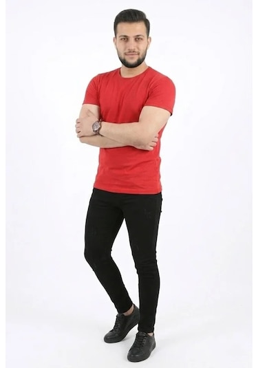 Defymoda Erkek Basic Tişört Bisiklet Yaka Kısa Kol Günlük Yazlık Slim Fit T-shirt - Kırmızı