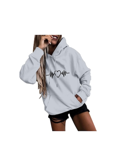 Kaixinjiuhao Kadın Moda Rahat Eğlenceli Baskı Kapşonlu Kazak Gevşek Spor Üstleri Kazak Siyah