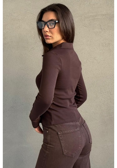 Kahverengi Polo Yaka Çift Fermuarlı Slim Fit Kadın Body Mg2652 Kahverengi