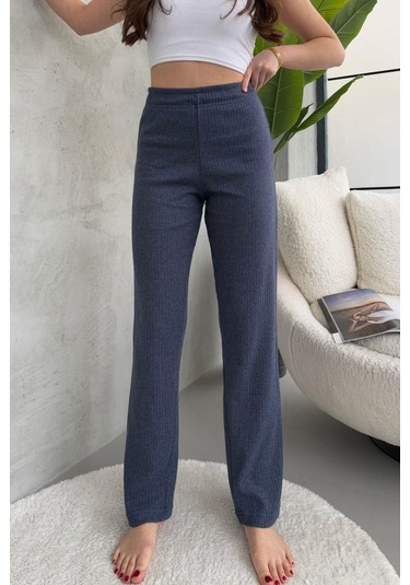 Kadın İndigo Yüksek Bel Fitilli Bol Paça Günlük İnce Eşofman Altı İndigo