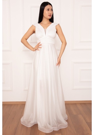 Kalopya Simli Tül Uzun Abiye Elbise 13280 Ekru