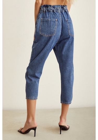 Never More Beli Lastikli Mom Jean Mavi