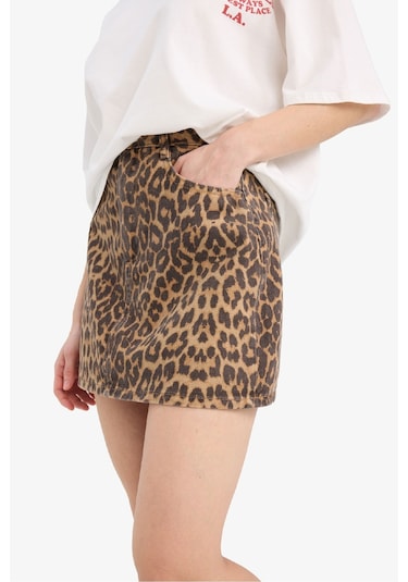 DeFacto Coool Leopar Desenli Normal Bel Gabardin Mini Etek E4398AX25SPBN164 Kahve