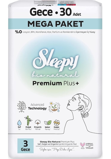 Sleepy Bio Natural Premium Plus Hijyenik Ped Mega Paket Gece 30x2 60 Adet