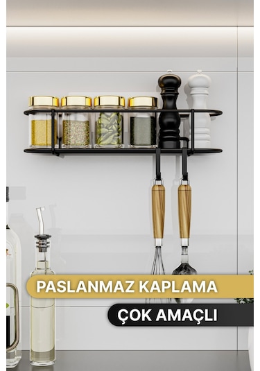 Bino Baharatlık Lüks Metal Siyah Mutfak Rafı Banyo Rafı Yapışkanlı Kancalı Tasarım Tuzluk Askılık Çok Renkli