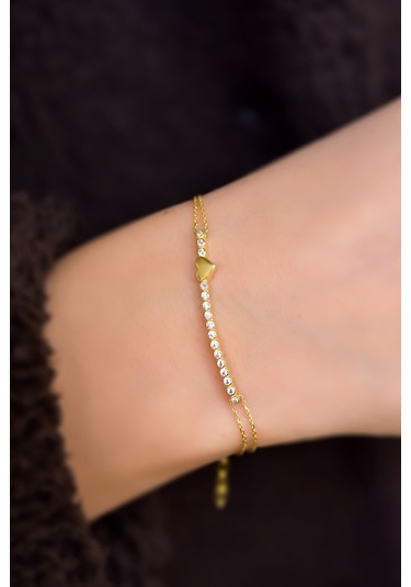 925 Ayar Gümüş Gold Kaplama Sıralı Zirkon Tektaş , Kalp Bileklik