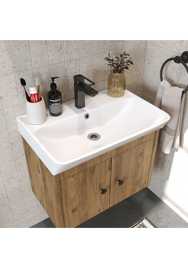Lavabolu Mat Suntalam 60 Cm Banyo Dolabı + Aynalı Üst Dolabı Atlantik Çam
