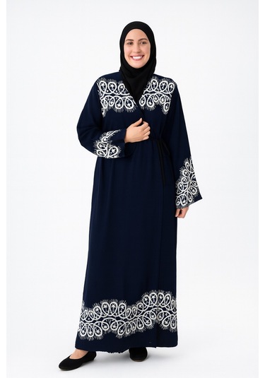 Halkalı Desenli Kruvaze Namaz Elbisesi Yandan Bağlamalı, Rahat Kesim 36 46 Beden Lacivert