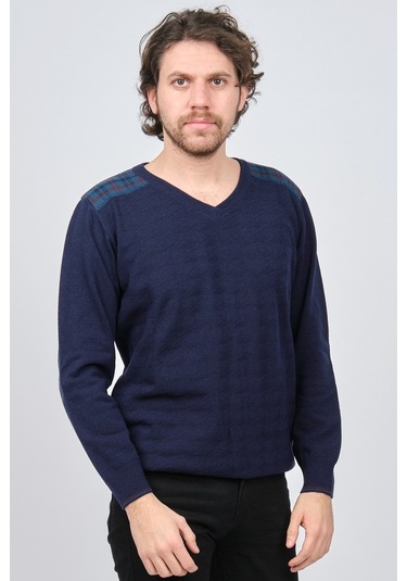 Desen Triko Erkek V Yaka Saf Yün Kazak 0246538 Lacivert Lacivert