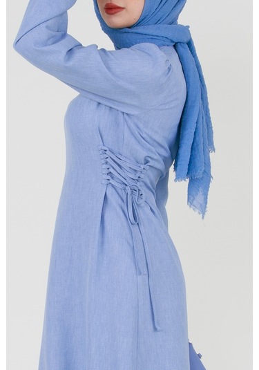 Yanı Bağcıklı Keten Elbise-bebe Mavi-3367-bebe Mavi Bebe Mavisi