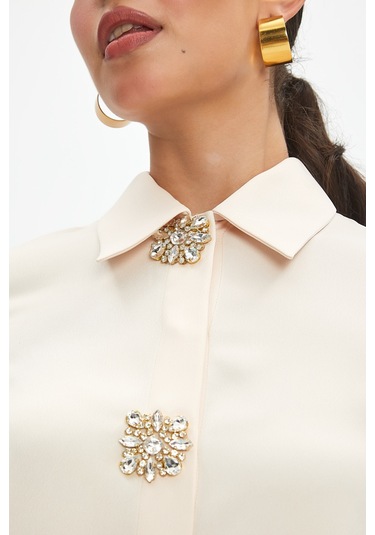 Kadın Taş Düğme Detaylı Gömlek - Bej