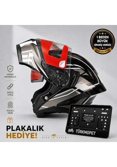 Mh Sports Çene Açılır Güneş Vizörlü Kask + Plakalık Siyah