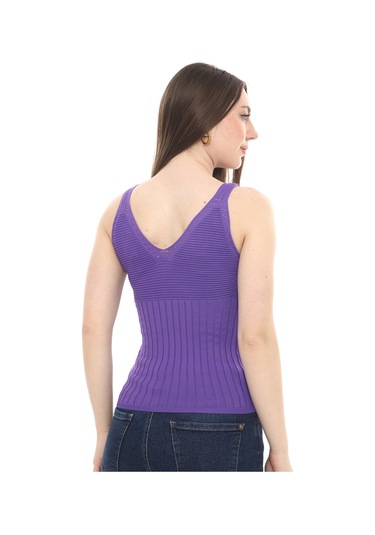 Monox Kadın Bluz V Yaka Gofre Nakışlı Yazlık Triko Atlet Mor