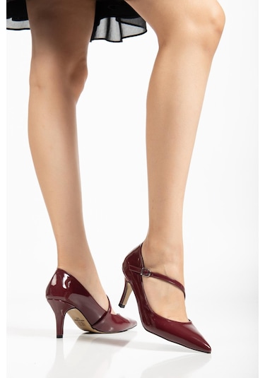 Büyük Beden Kadın Stiletto İnce Topuklu Ayakkabı Bordo Rugan Baretli-4294 Bordo