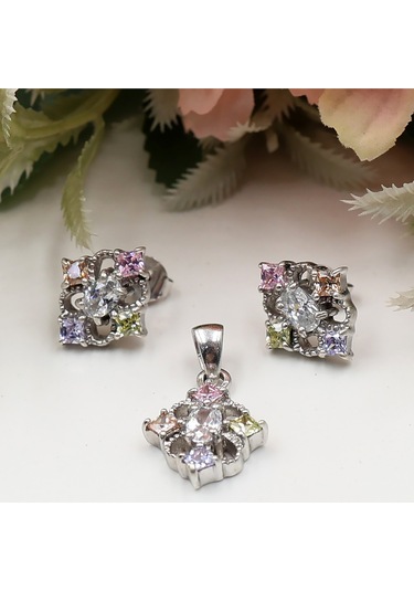 Dört Tırnaklı Dikdörtgen Renkli Taşlı Set Rose Gold - Gümüş