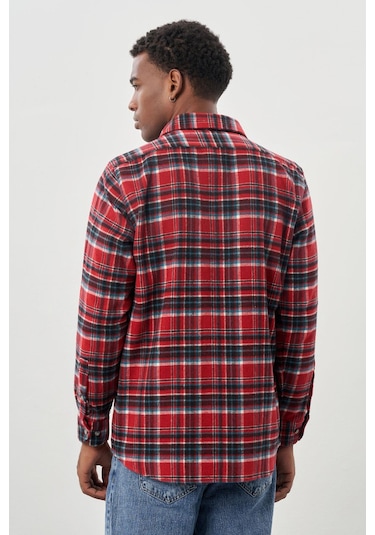 Kırmızı Yünlü Ekose Desen Yumuşak Yaka Cepsiz Uzun Kol Casual Comfort Fit Gömlek 1004245227 Kırmızı