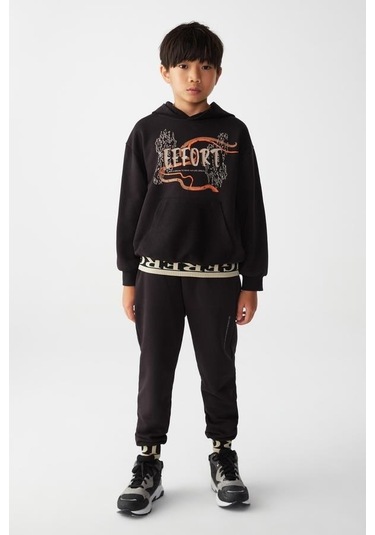 Erkek Çocuk Beli Paçası Lastikli Paçası Yazılı Effort Eşofman Altı-13352-siyah Siyah
