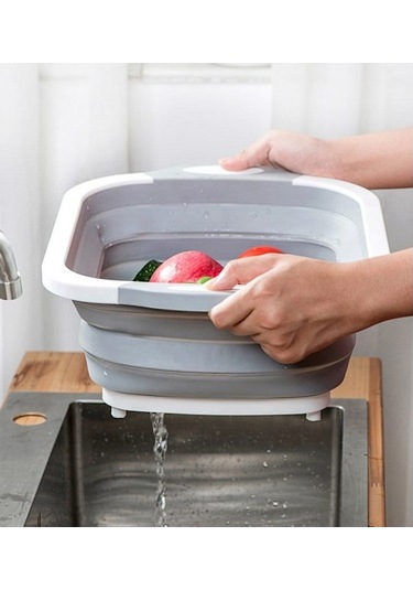 Qu Katlanabilir Sebze Yıkama Sepeti Ve Kesme Tahtası - Gri - 1 Adet