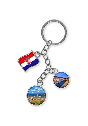 Hırvatistan Üçlü Epoksi Metal Çift Taraflı Damla Anahtarlık Croatia Gümüş