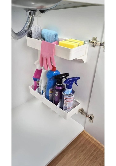 Dolap İçi Düzenleyici Yapışkanlı Kaydırmalı Çok Amaçlı Katlı Raf Organizer Beyaz