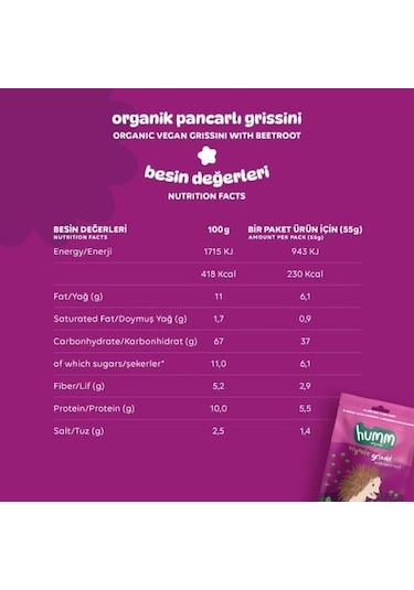 Organik Pancarlı Grissini 55 Gr 55 G