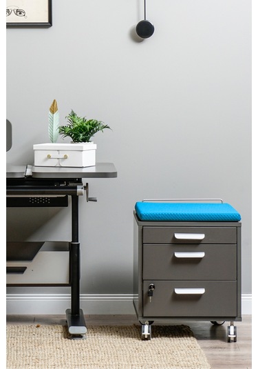 Creo Mobili Çekmeceli Kilitli Tekerlekli Vega Keson, Oturulabilir Ofis Ve Ev Komodini, Antrasit/mavi
