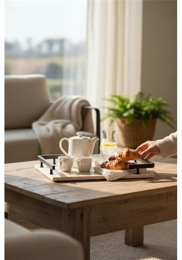 Akayev Traverten Siyah L Dizayn 30x20 Cm Tepsi Beyaz