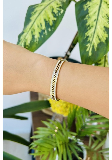 Allmisse Zirkon Taş Detaylı 316l Kalite Altın Kaplama Kararmaz Çelik Kelepçe Bileklik - Altın