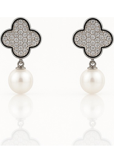 White Gold Plated Pearl Clover Drop Küpe Silver