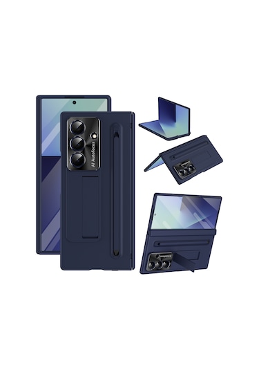 Samsung Galaxy Uyumlu Z Fold7 5g Kılıf Pc Cep Telefonu Kılıfı, Ayaklı Ve Kalemli - Mavi Mavi