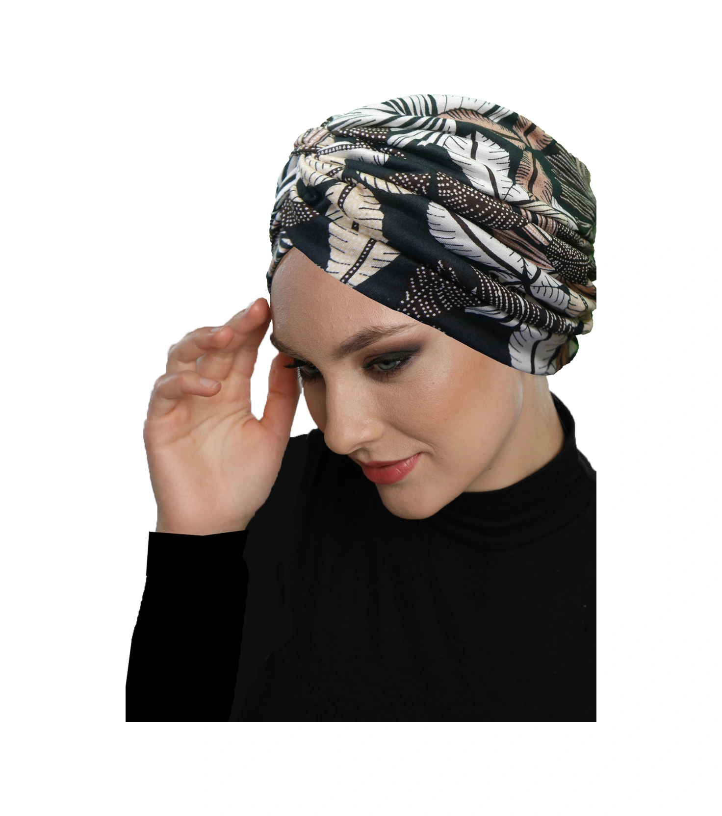 Sonbahar Esintisi Desenli Çapraz Ve Bant Detaylı Astarlı Hazır Türban Tesettür Havuz Bonesi Siyah-bej