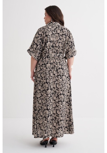 Beli Lastikli Kemerli Uzun Elbise-6218 Krem