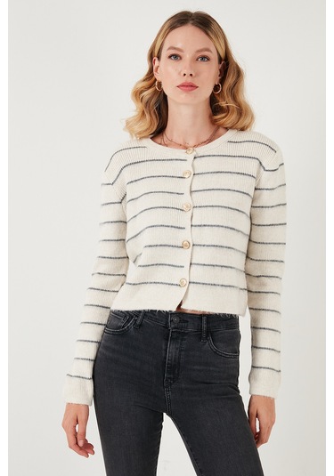 Lela Standart Fit Çizgili Yumuşak Dokulu Crop Triko Bayan Hırka 4615551 Taş
