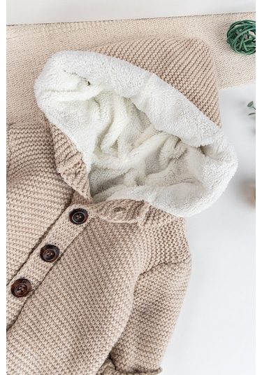 Triko Örme Welsoft Astarlı Kapüşonlu Kışlık Bebek Tulum Bej