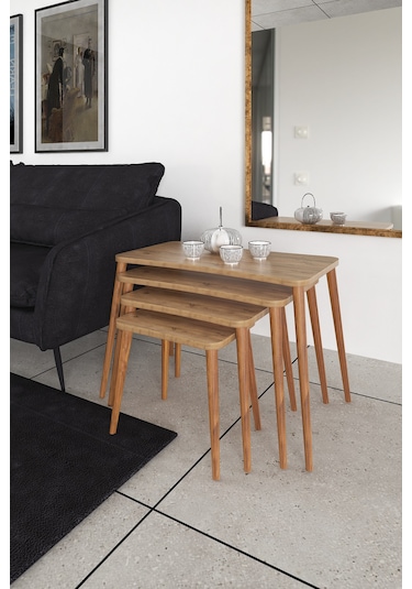 Selena 4lü Zigon Sehpa Ahşap Ayaklı Salon Seti Çay Sehpası Çam