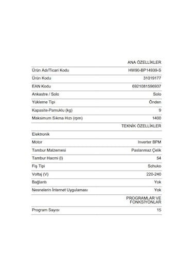 Haier HW90-BP14939-S 1400 Devir 9 Kg Çamaşır Makinesi