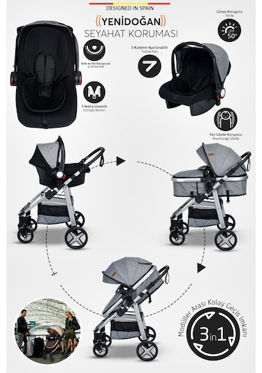 Baby Home 950 Tayla 6 In 1 Mama Tablalı Çift Yönlü Travel Sistem Bebek Arabası Siyah