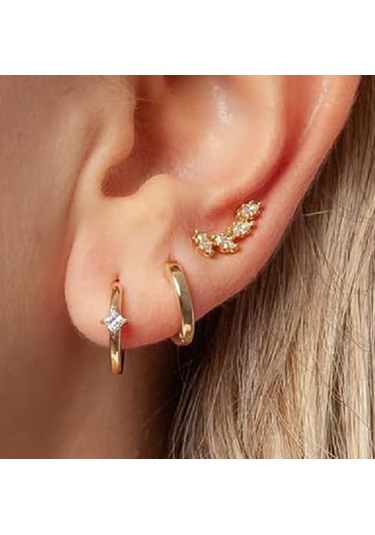 Vkemall 14k Altın Kaplama Zirkon Taşlı Kadın Küpe Seti - 3 Çift Farklı Stilde Tek Ve Çift Taraflı Modeller Gold