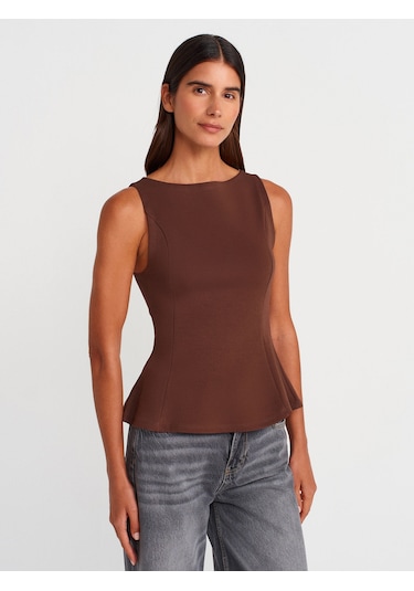 Dilvin 21001 Kayık Yaka Peplum Top-açık Kahve Açık Kahve