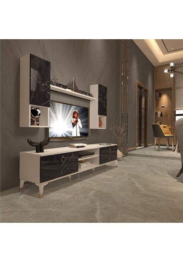 Decoraktiv Eko 5da Mdf Dvd Gold Tv Ünitesi Tv Sehpası Beyaz - Siyah Mermer