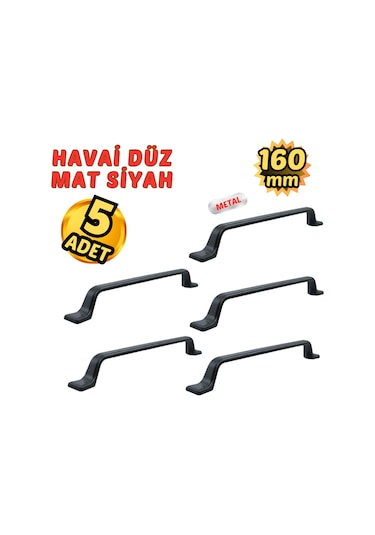 5 Adet Metal Havai Düz Mobilya Çekmece Dolap Kulpu Mat Siyah 160mm Mat Siyah