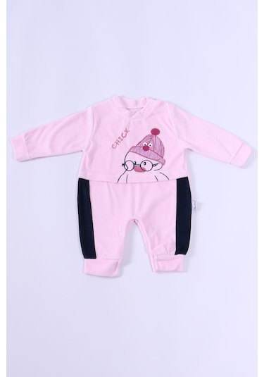 Hçm Bebek Kadife Tulum Uzun Kollu Çıtçıtlı Baskılı D5 Toz Pembe