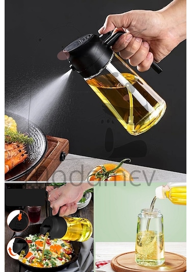 Madamev 2 Adet Çift Fonksiyonlu Cam Sprey Yağdanlık 450ml Zeytinyağı Sıvıyağ Şişe Airfryer Yağlık Si Siyah Beyaz