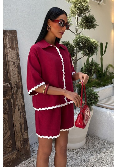 Kadın Mürdüm Keten Biye Detaylı Kısa Kollu Takım Mürdüm