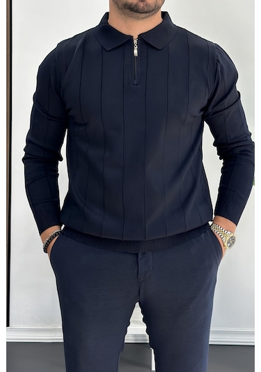 Erkek Yarım Fermuarlı Polo Yaka Mevsimlik Kazak Lacivert Edw195 Lacivert