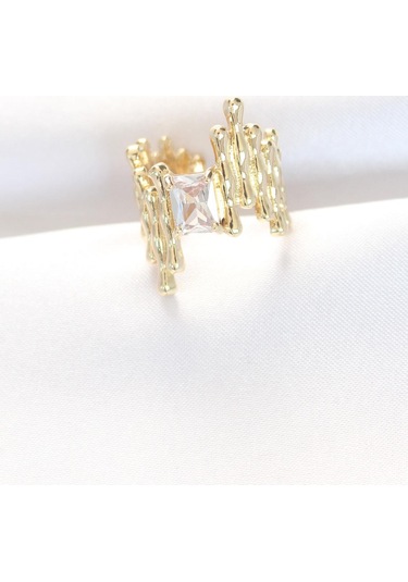 Gold Renk Tırtıklı Kalın Baget Taş Tasarım Ayarlanabilir Yüzük Altın